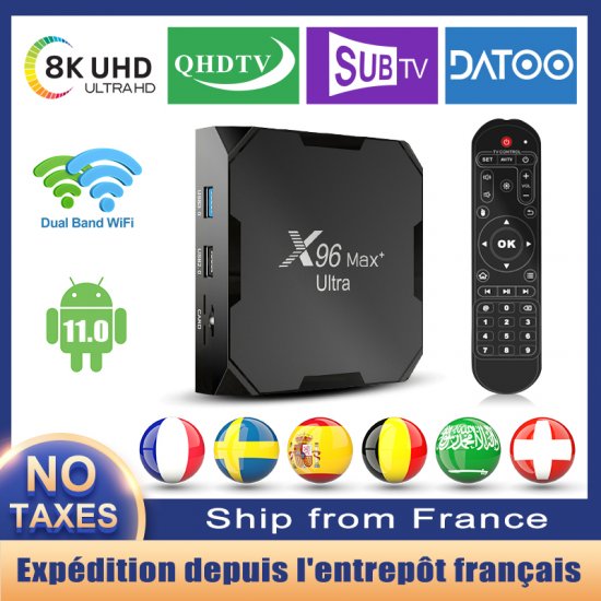 X96 MAX Plus Ultra IPTV BOX France Arabic French 8K Android 11.0 Amlogic S905X4 AV1 Dual Wifi BT 4.X X96Max Plus Smart ip tv box With 1 Year Code IPTV Subscription